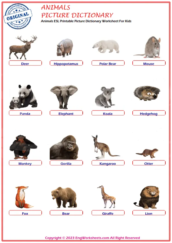 Animals ESL Printable Picture Dictionary Worksheet For Kids