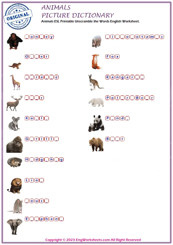 Animals ESL Printable Unscramble the Words English Worksheet. Worksheet Preview