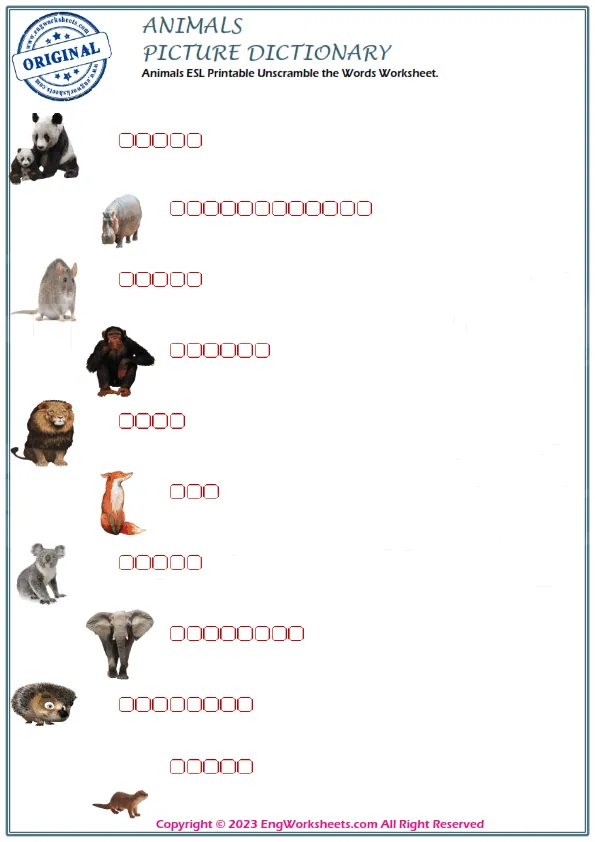 Animals ESL Printable Unscramble the Words Worksheet. Worksheet Preview