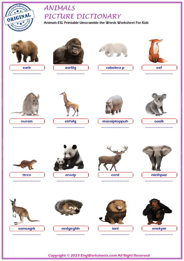 Animals ESL Printable Unscramble the Words Worksheet For Kids Worksheet Preview