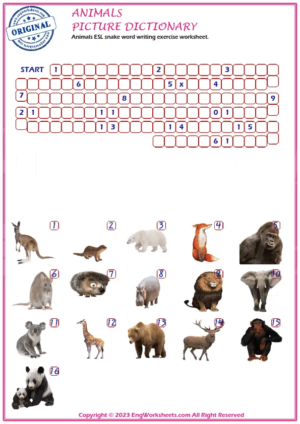 Animals ESL snake word writing exercise worksheet. Worksheet Preview