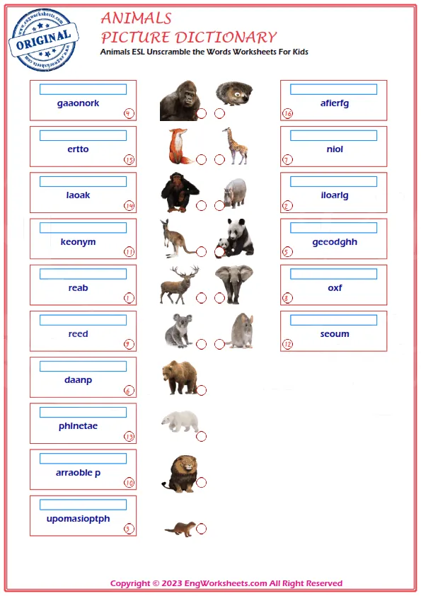Animals ESL Unscramble the Words Worksheets For Kids Worksheet Preview