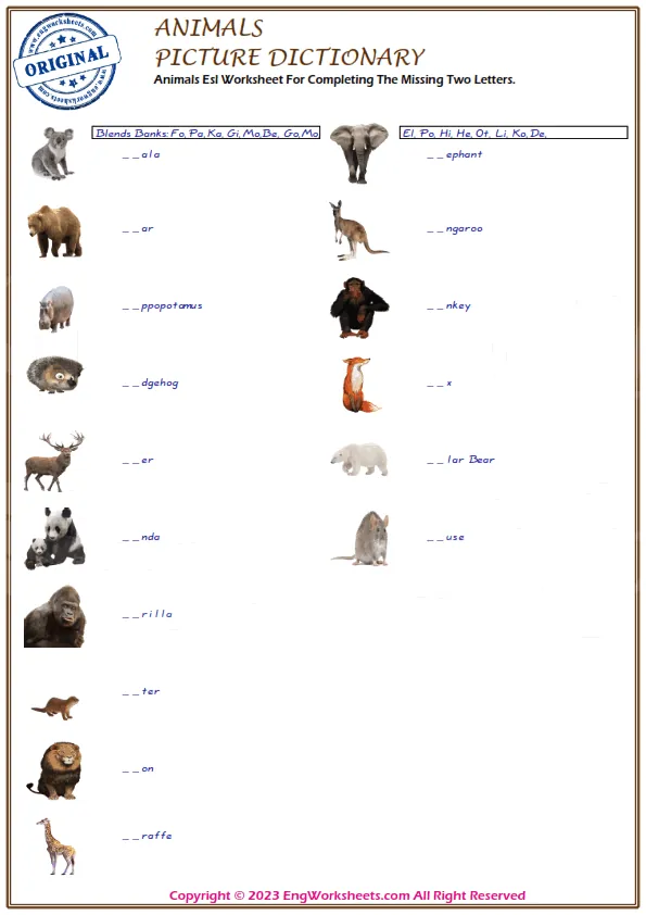 Animals Esl Worksheet For Completing The Missing Two Letters. Worksheet Preview