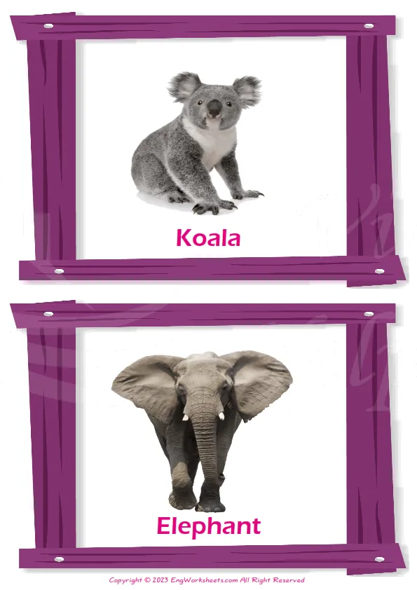 Animals vocabulary worksheet with words, two images per page Worksheet Preview