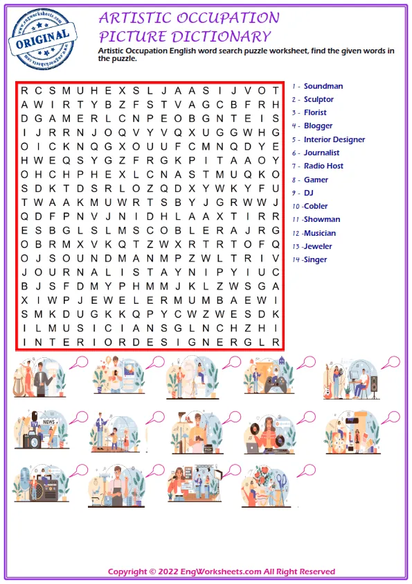 Artistic Occupation ESL Printable Picture Dictionary Worksheet For Kids
