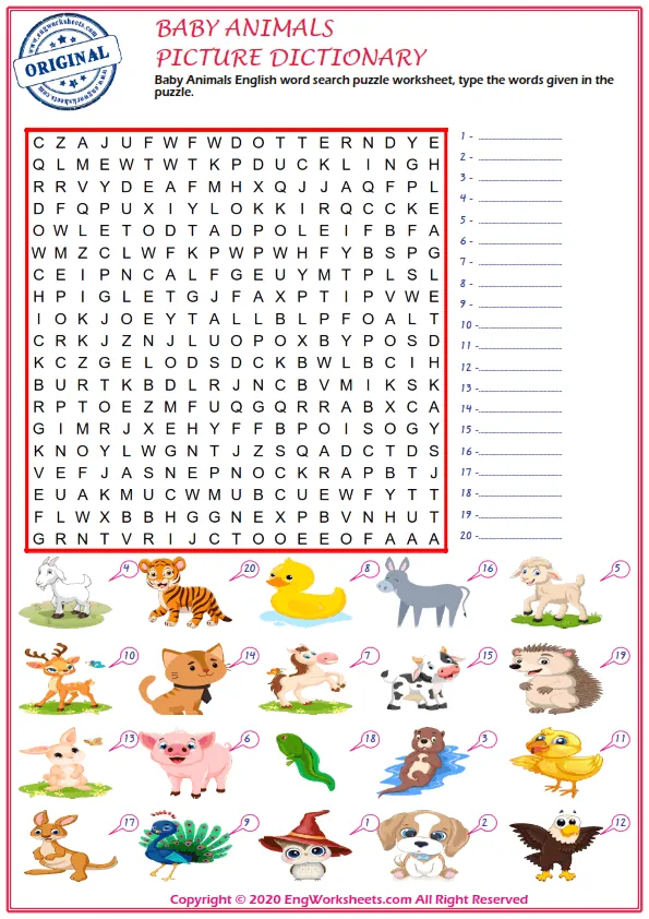 Baby Animals ESL snake word writing exercise worksheet.