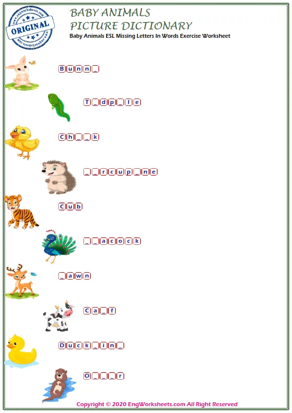 Baby Animals English word search puzzle worksheet, type the words given in the puzzle.
