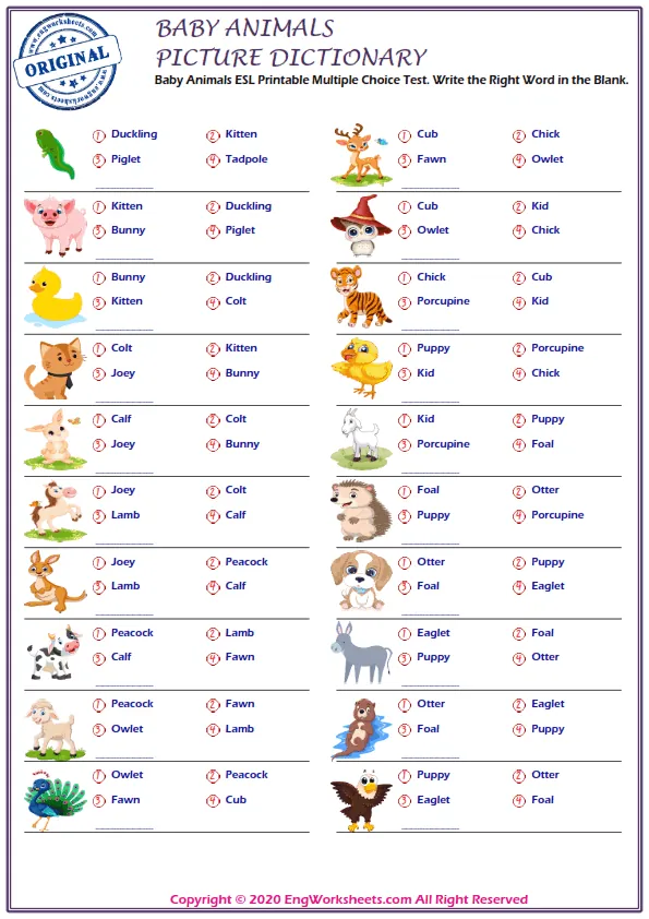Baby Animals vocabulary worksheet with words, four images per page