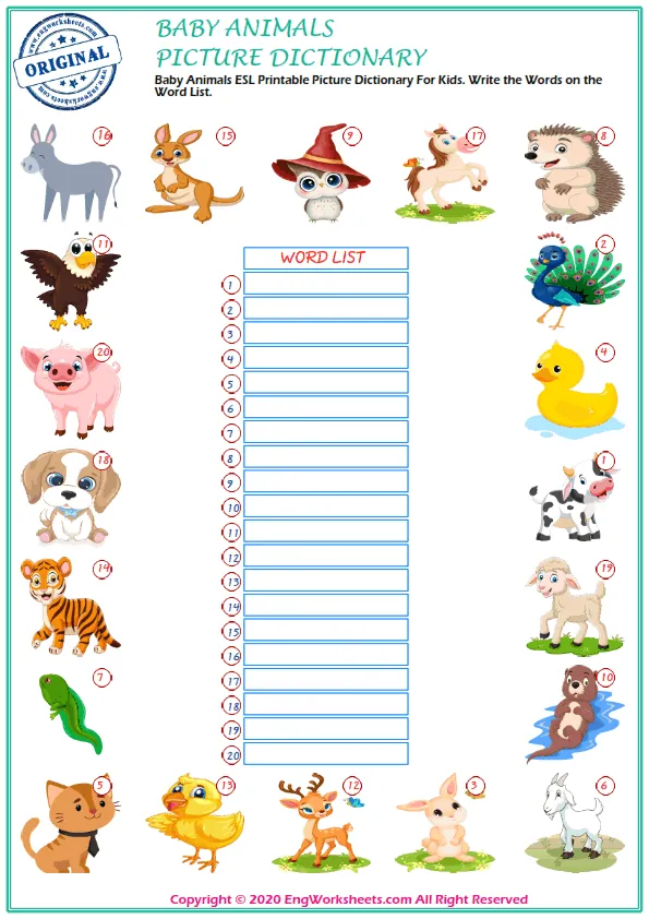 Baby Animals ESL Printable Multiple Choice Test. Write the Right Word in the Blank.
