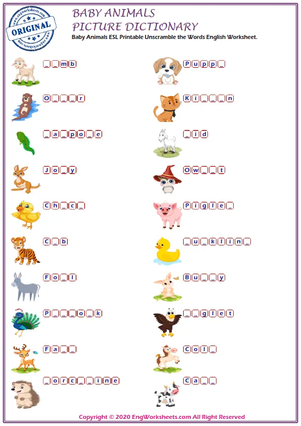 Full-page wordless Baby Animals English vocabulary worksheet