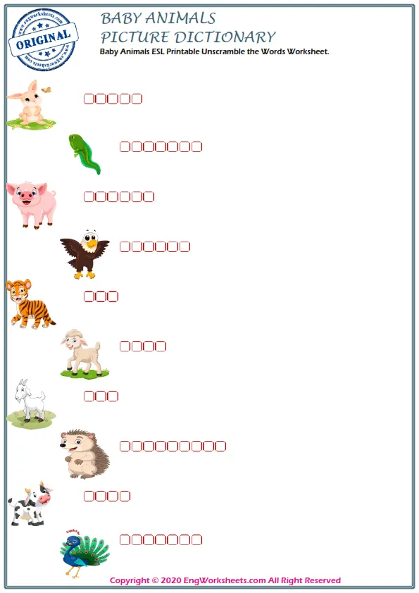 Baby Animals English crossword puzzle worksheet, write the appropriate words to the pictures given in the puzzle.