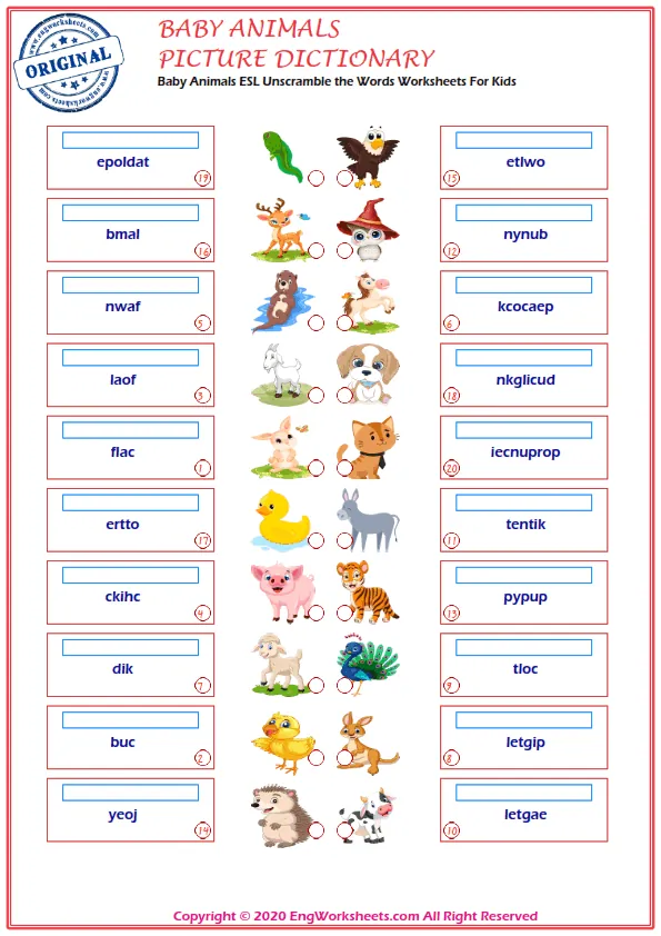 Wordless Baby Animals vocabulary worksheet with six images per page Worksheet Preview