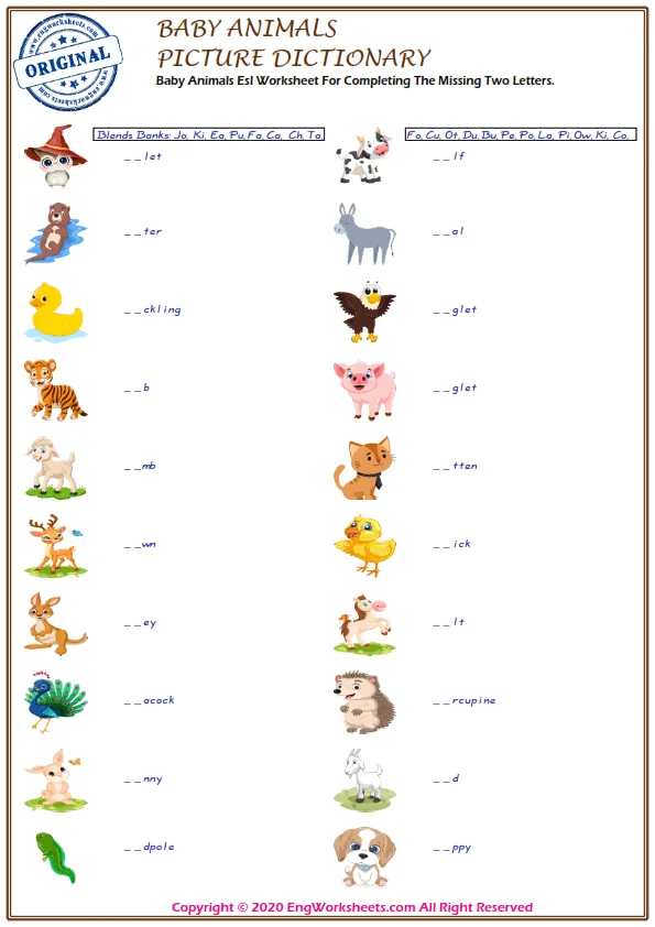 Baby Animals vocabulary worksheet with words, two images per page