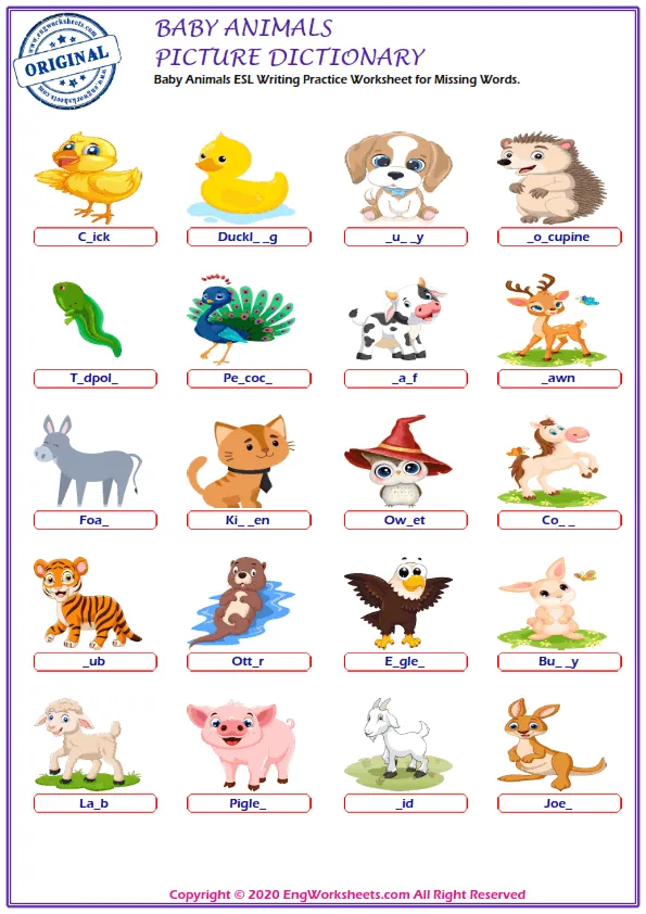 Baby Animals ESL Printable Picture Dictionary For Kids. Write the Words on the Word List.