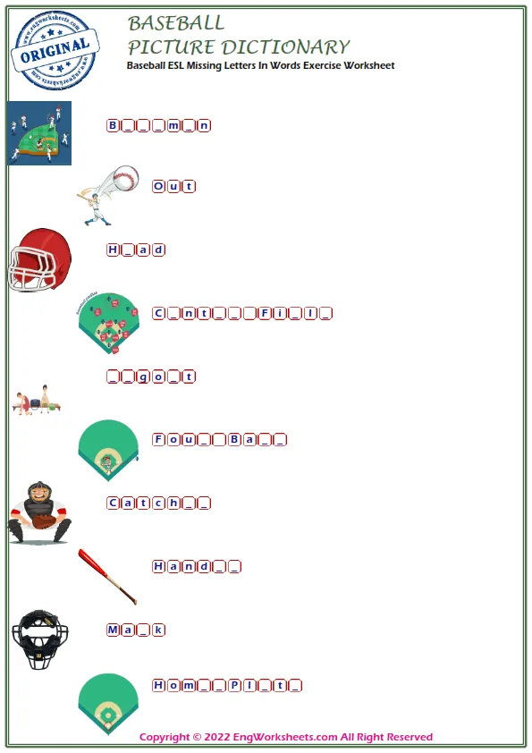 Baseball ESL Missing Letters In Words Exercise Worksheet Worksheet Preview