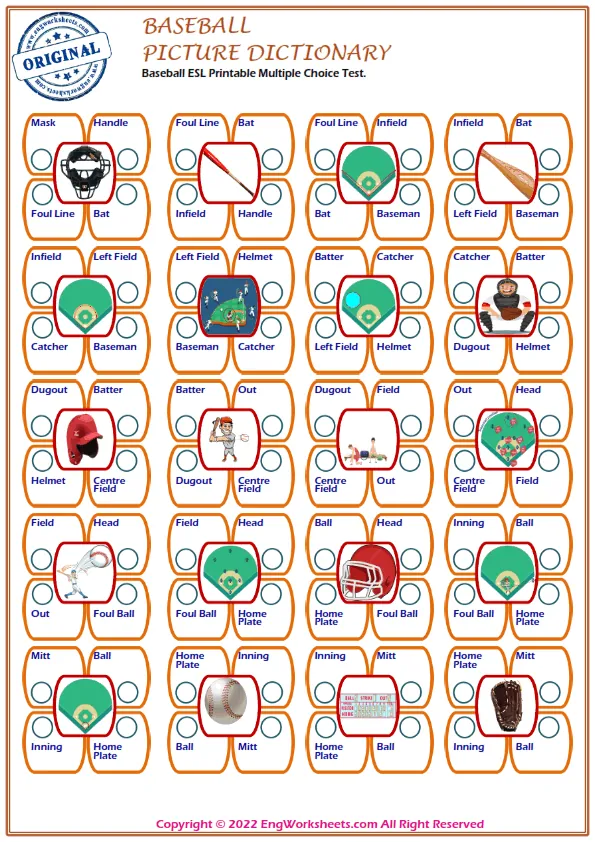 Baseball ESL Printable Multiple Choice Test. Worksheet Preview