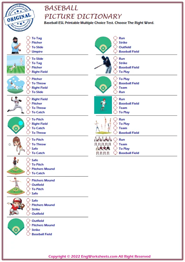 Baseball ESL Printable Multiple Choice Test. Choose The Right Word. Worksheet Preview