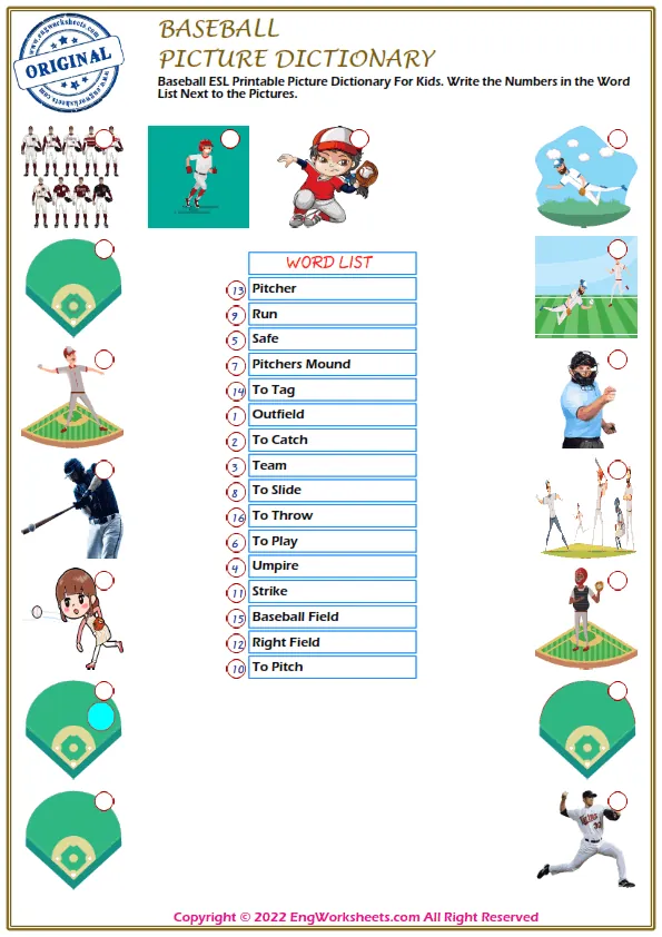 Baseball ESL Printable Picture Dictionary For Kids. Write the Numbers in the Word List Next to the Pictures. Worksheet Preview