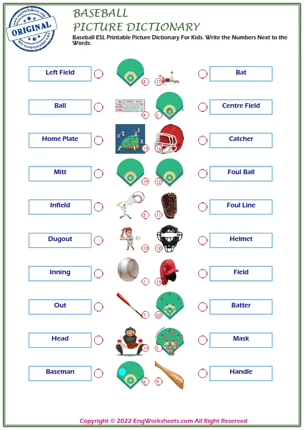 Baseball ESL Printable Picture Dictionary For Kids. Write the Numbers Next to the Words. Worksheet Preview