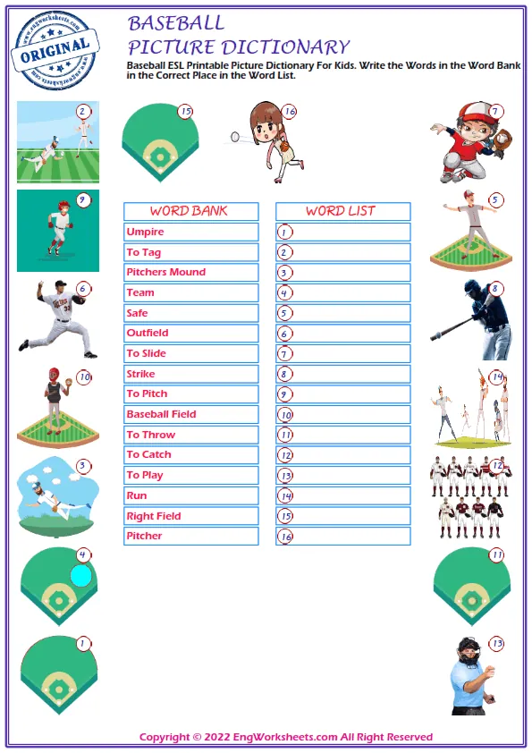 Baseball ESL Printable Picture Dictionary For Kids. Write the Words in the Word Bank in the Correct Place in the Word List. Worksheet Preview