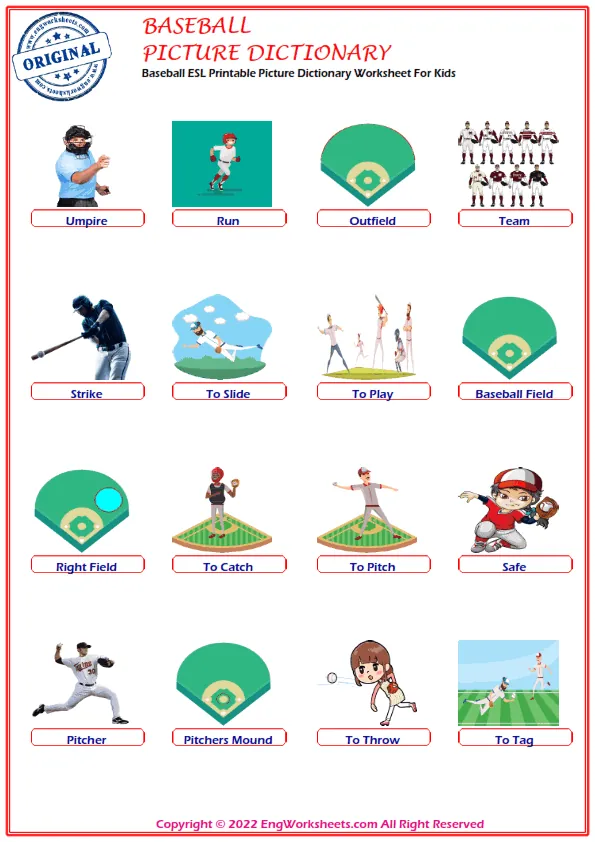 Baseball ESL Printable Picture Dictionary Worksheet For Kids Worksheet Preview