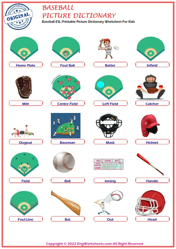 Baseball ESL Printable Picture Dictionary Worksheet For Kids Worksheet Preview