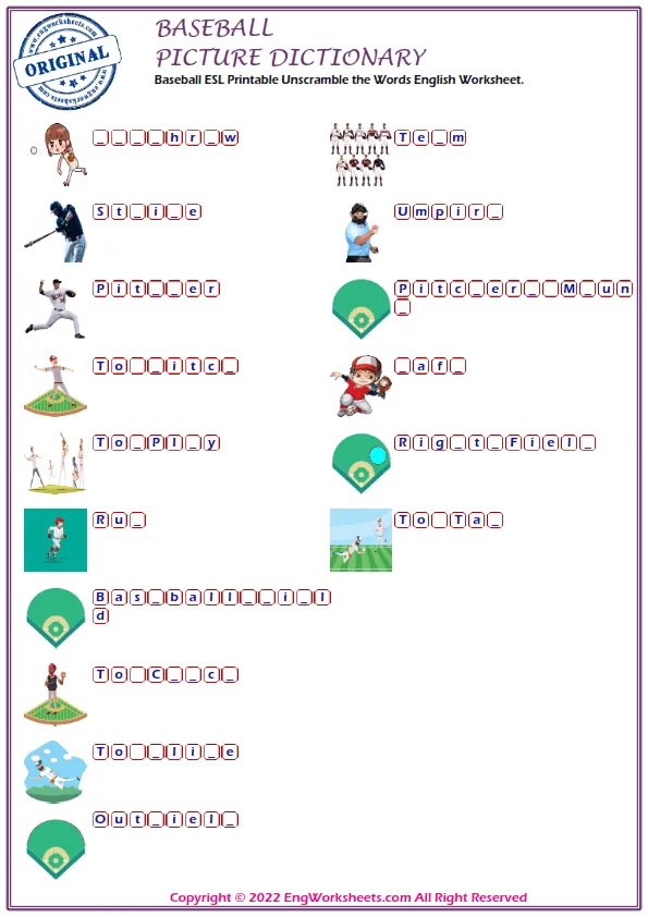 Baseball ESL Printable Unscramble the Words English Worksheet. Worksheet Preview