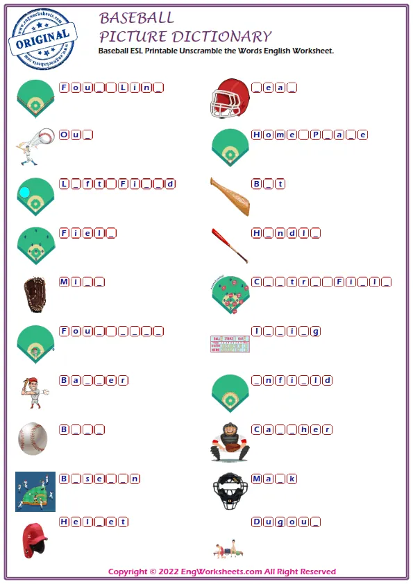 Baseball ESL Printable Unscramble the Words English Worksheet. Worksheet Preview