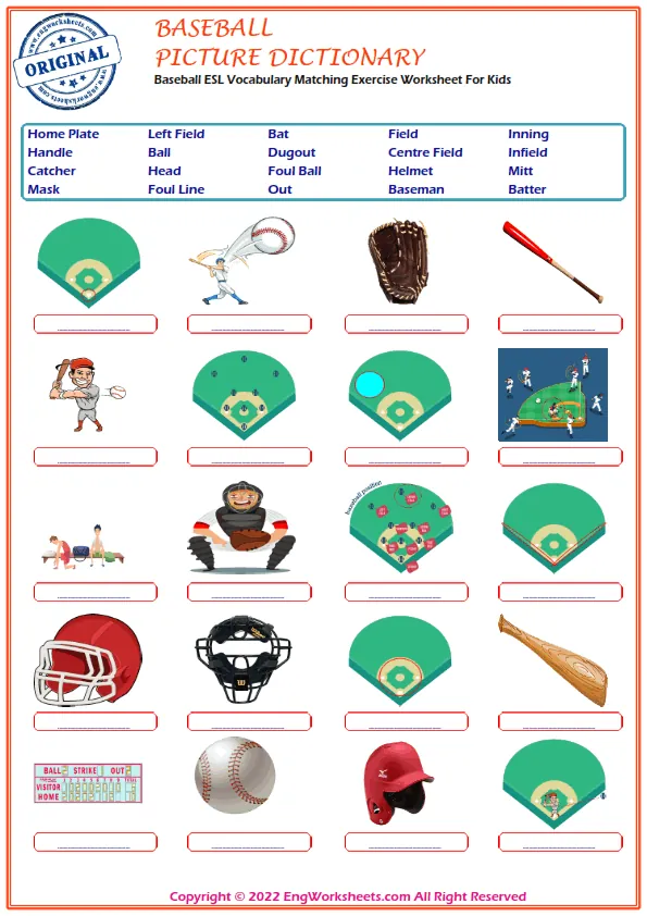 Baseball ESL Vocabulary Matching Exercise Worksheet For Kids Worksheet Preview