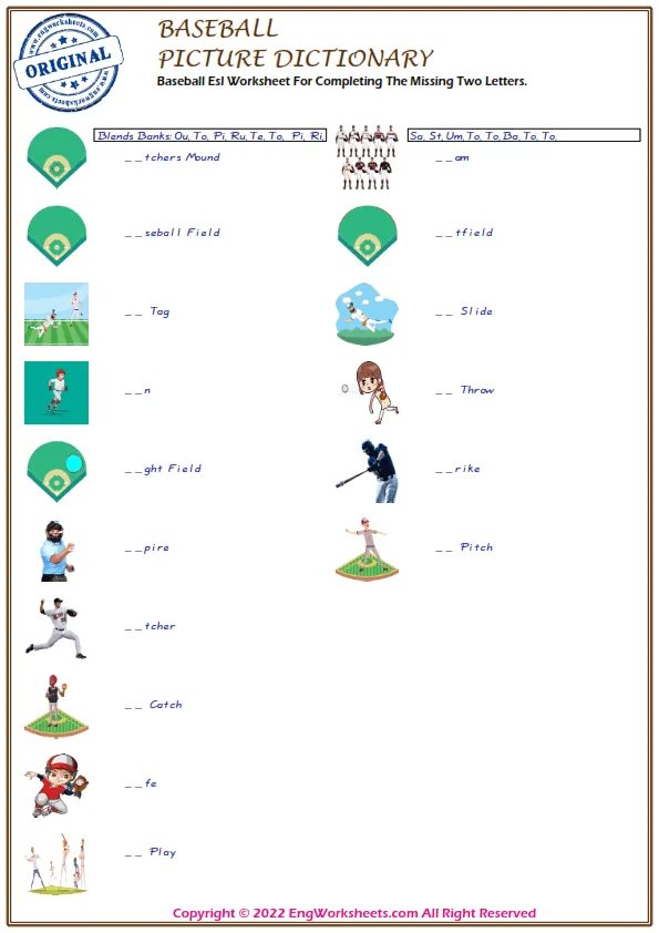 Baseball Esl Worksheet For Completing The Missing Two Letters. Worksheet Preview