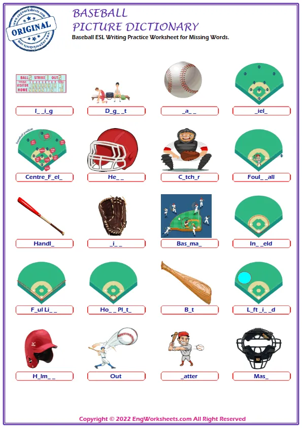 Baseball ESL Writing Practice Worksheet for Missing Words. Worksheet Preview