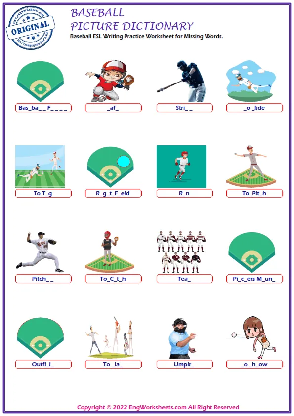 Baseball ESL Writing Practice Worksheet for Missing Words.