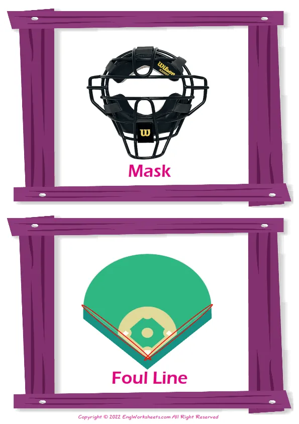 Baseball vocabulary worksheet with words, two images per page Worksheet Preview