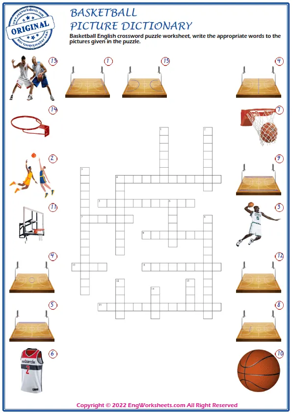Basketball English crossword puzzle worksheet, write the appropriate words to the pictures given in the puzzle. Worksheet Preview