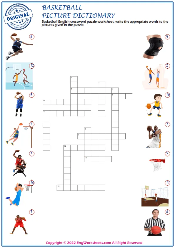 Basketball English crossword puzzle worksheet, write the appropriate words to the pictures given in the puzzle.
