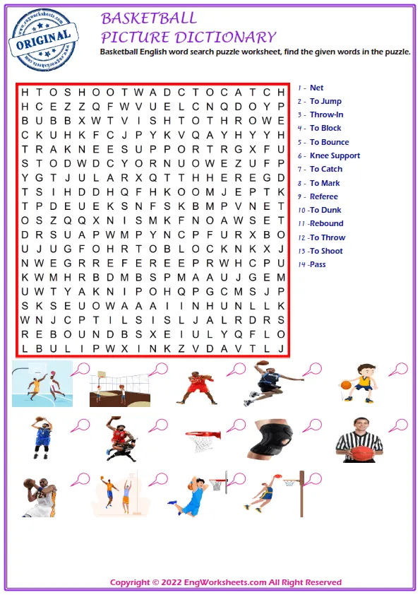 Basketball English word search puzzle worksheet, find the given words in the puzzle. Worksheet Preview