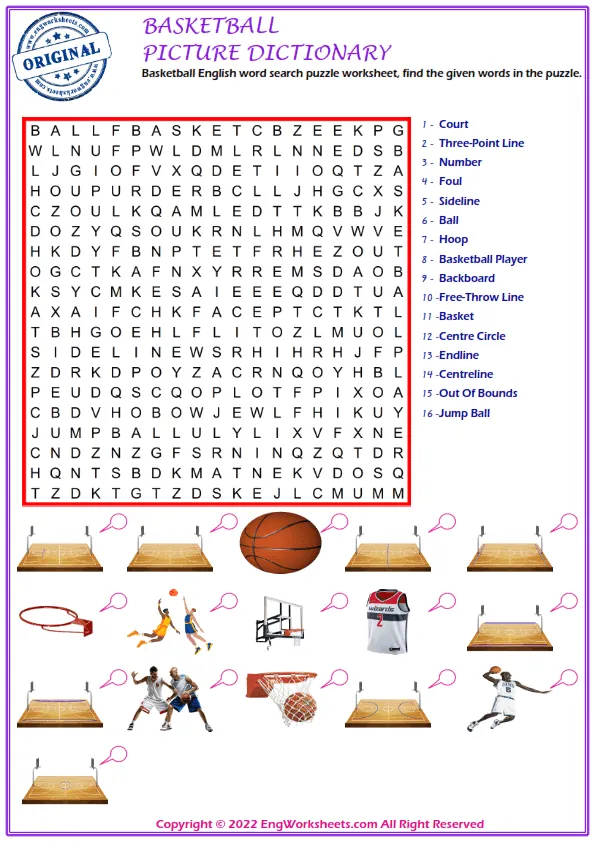 Basketball English word search puzzle worksheet, find the given words in the puzzle. Worksheet Preview