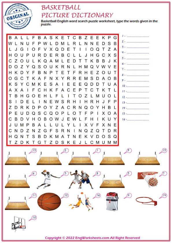 Basketball English word search puzzle worksheet, type the words given in the puzzle.