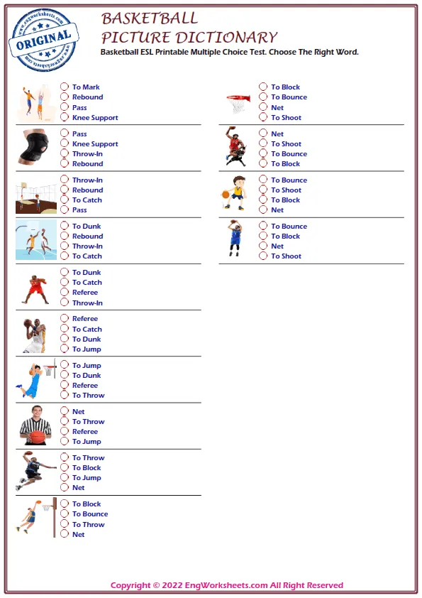 Basketball ESL Printable Multiple Choice Test. Choose The Right Word.