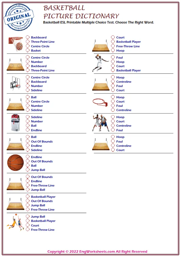 Basketball ESL Printable Multiple Choice Test. Choose The Right Word.