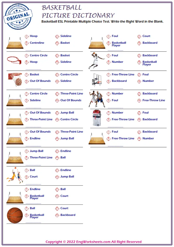 Basketball ESL Printable Multiple Choice Test. Write the Right Word in the Blank.