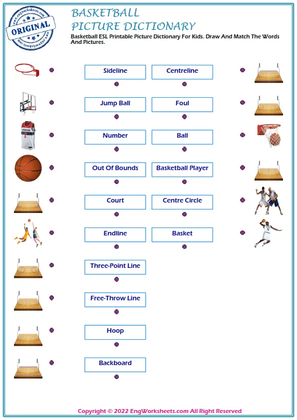 Basketball ESL Printable Picture Dictionary For Kids. Draw And Match The Words And Pictures. Worksheet Preview
