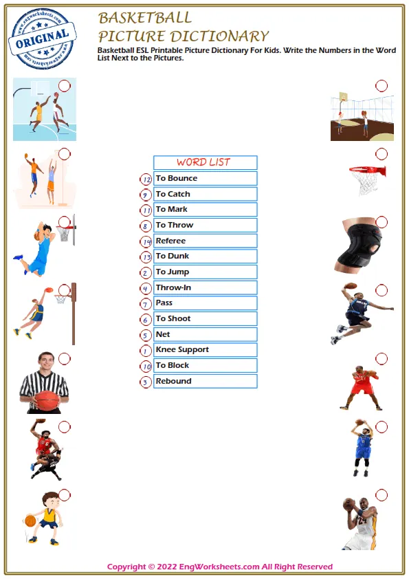 Basketball ESL Printable Picture Dictionary For Kids. Write the Numbers in the Word List Next to the Pictures.