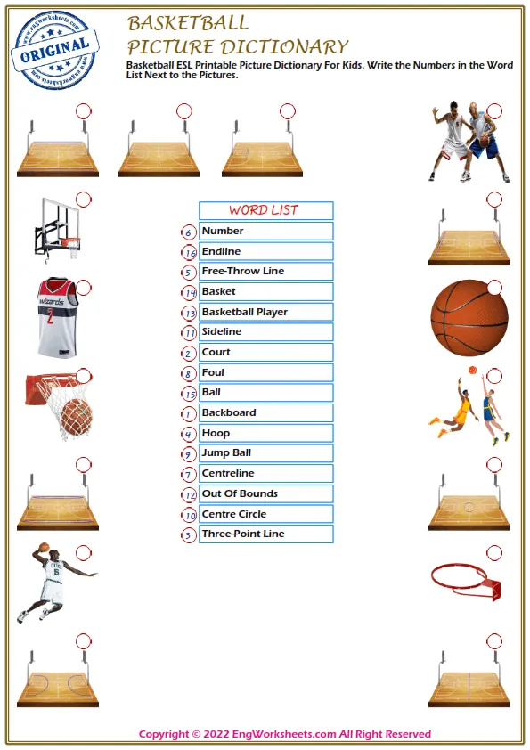 Basketball ESL Printable Picture Dictionary For Kids. Write the Numbers in the Word List Next to the Pictures.
