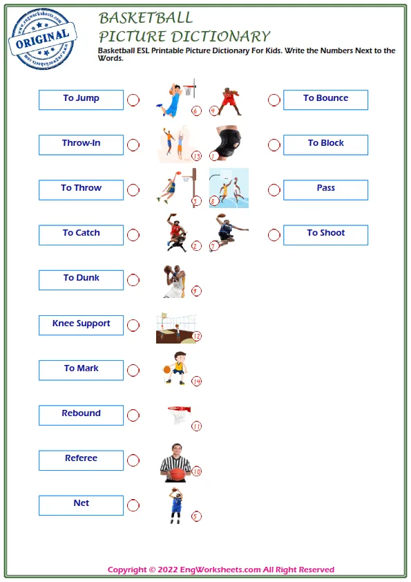 Basketball ESL Printable Picture Dictionary For Kids. Write the Numbers Next to the Words. Worksheet Preview