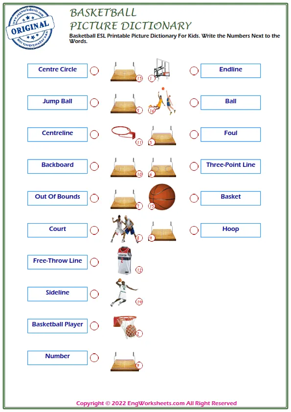 Basketball ESL Printable Picture Dictionary For Kids. Write the Numbers Next to the Words.