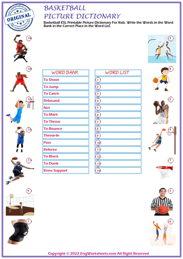 Basketball ESL Printable Picture Dictionary For Kids. Write the Words in the Word Bank in the Correct Place in the Word List.