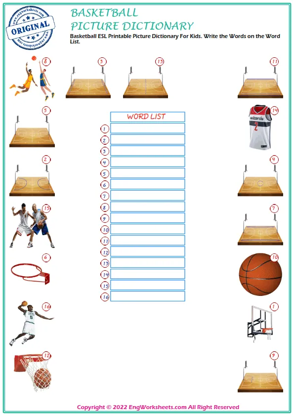 Basketball ESL Printable Picture Dictionary For Kids. Write the Words on the Word List. Worksheet Preview