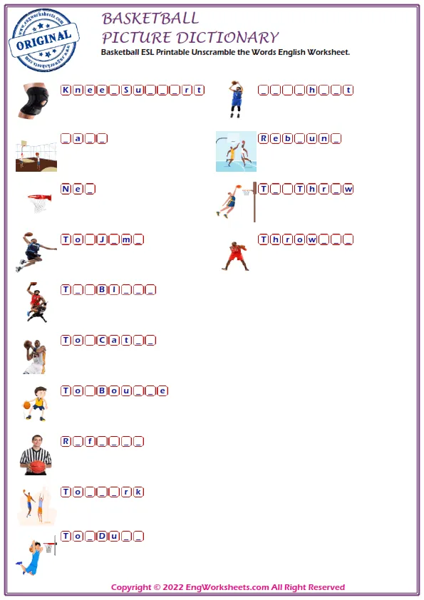 Basketball ESL Printable Unscramble the Words English Worksheet. Worksheet Preview