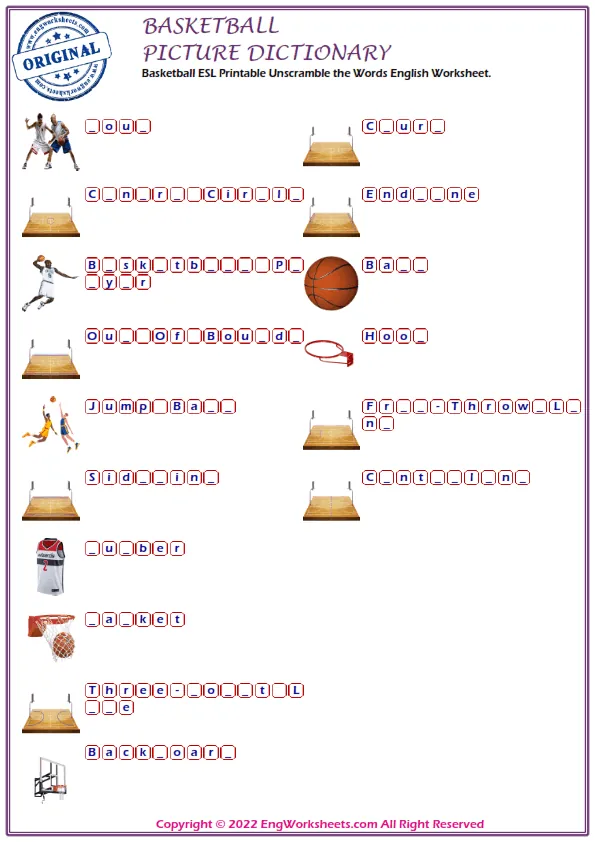 Basketball ESL Printable Unscramble the Words English Worksheet.